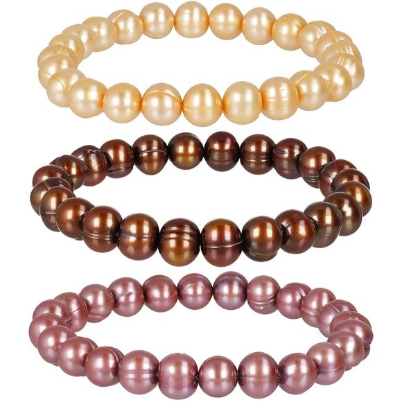 Honora Jewelry - NEW Honora Set of 3 Cultured Pearl Stretch Bracelets Chocolate Gold Mauve